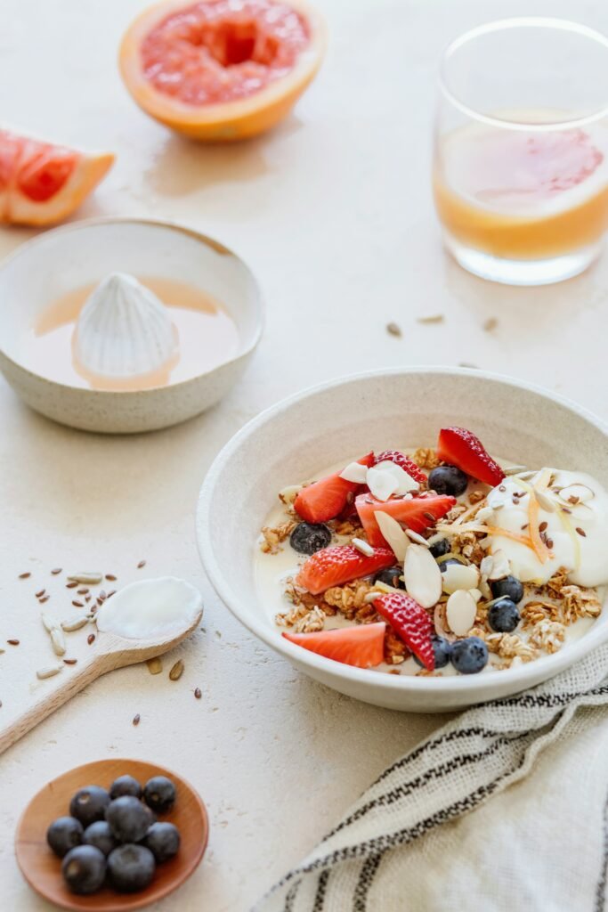 High Protein Breakfast Ideal with Eggs, Greek Yogurt, Oatmeal and Fresh Fruit